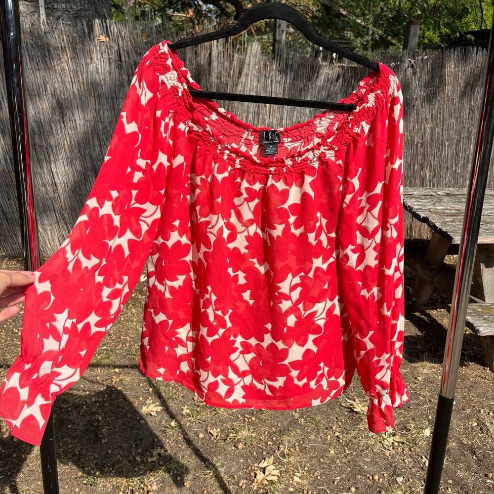 Silk Red Floral Off-Shoulder Long Sleeve Top